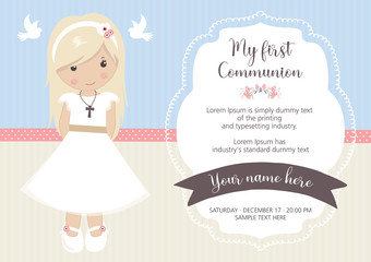 My first communion invitation. Beautiful girl with communion dress and cute frame