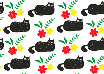 Seamless pattern with cute black cats anr colorful flowers.