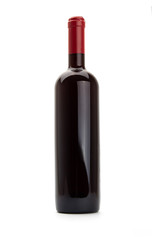 Dark wine bottle with red cap isolated on white background