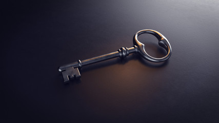 Old metal key on a black background. 3d illustration