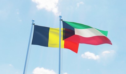 Kuwait and Belgium, two flags waving against blue sky. 3d image