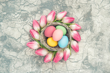 Easter eggs pink tulip flowers floral decoration