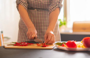 Obraz na płótnie Canvas woman in the kitchen cutting chili