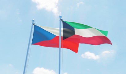 Kuwait and Czech Republic, two flags waving against blue sky. 3d image