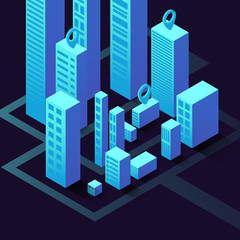 Isometric illustration with buildings. Commercial real estate for your business. Graphic concept for your design.