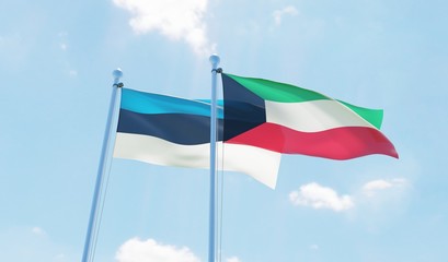 Kuwait and Estonia, two flags waving against blue sky. 3d image