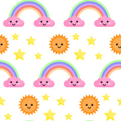 Vector seamless pattern with rainbow and clouds.