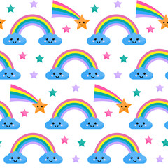 Vector seamless pattern with rainbow and clouds.