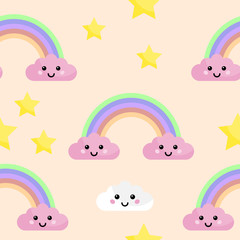 Vector seamless pattern with rainbow and clouds.