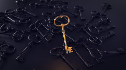 Old metal keys on a black background with the main element. 3d illustration