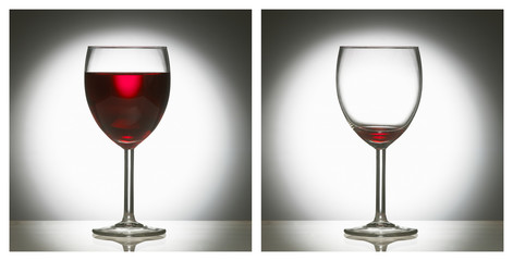 TWO PICTURE SEQUENCE OF GLASS OF RED WINE FROM FULL TO EMPTY