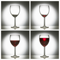 FOUR PICTURE SEQUENCE OF WINE GLASS FILLING WITH RED WINE