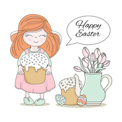 EASTER CAKE Great Religious Holy Holiday Cartoon Girl Vector Illustration Set for Print, Fabric and Decoration.