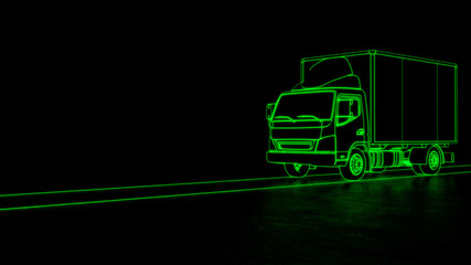 Electric truck transport line art green neon futuristic look 3d illustration