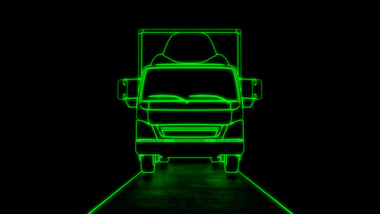 Electric truck transport front view line art green neon futuristic look 3d illustration