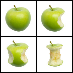 FOUR PICTURE SEQUENCE OF BITES IN GREEN APPLE