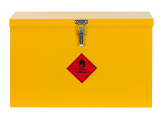 LOCKED YELLOW STEEL CABINET WITH FLAMMABLE WARNING SIGN ISOLATED ON WHITE BACKGROUND