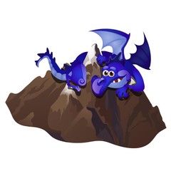 Big fabulous blue dragon embracing stone mountain isolated on white background. Vector cartoon close-up illustration.