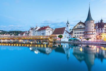 Scenic historic city center of Lucerne with famous buildings and lake Lucerne (Vierwaldstattersee), Canton of Lucerne, Switzerland