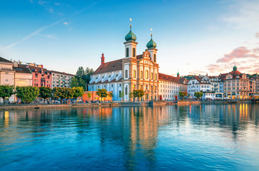 Fototapeta na wymiar Scenic historic city center of Lucerne with famous buildings and lake Lucerne (Vierwaldstattersee), Canton of Lucerne, Switzerland