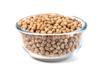 Chickpeas on glass bowl on white background