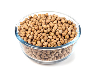 Chickpeas on glass bowl on white background