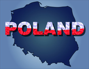Obraz premium The contours of territory of Poland and Poland word in the colors of the national flag