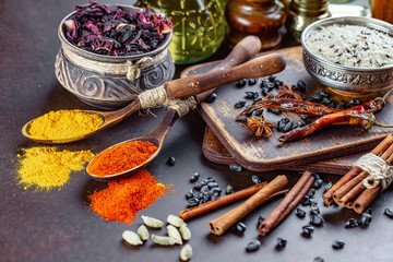 Spices and seasonings for cooking in the composition on the table