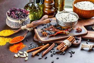 Spices and seasonings for cooking in the composition on the table