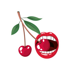 female mouth with cherry isolated icon
