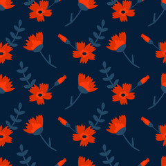 Fototapeta na wymiar Floral hand drawn seamless color pattern. Cartoon texture with cute flowers and leaves. Floral ornament in scandinavian style. Sketch for wrapping paper, textile, background vector fill.