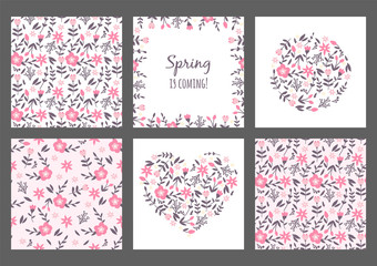 Set of hand drawn set of flowers and leaves. Vector artistic seamless patterns and frames, hearts with florals. Sping illustration. Sketch for wrapping paper, textile.