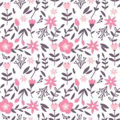 Floral hand drawn seamless color pattern. Cartoon texture with cute flowers and leaves. Floral ornament in scandinavian style. Sketch for wrapping paper, textile, background vector fill.