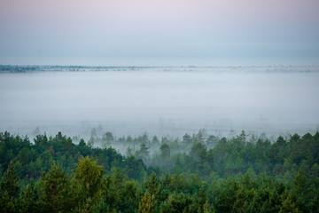 colorful sunrise sunset in misty summer meadow