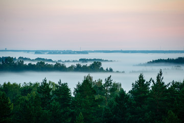 colorful sunrise sunset in misty summer meadow