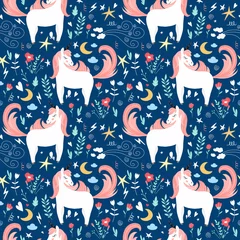 Wall murals Unicorn Cute cartoon hand drawn modern patten with unicorns with floral elements. Fantasy sketch for wrapping paper, textile.