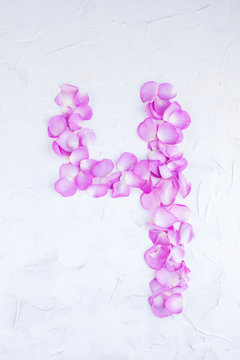 The figure 4 of rose petals on a white background. Pink roses for women's holiday. Photo or postcard in the concept of a romantic gift. Free place for text. Isolated image.