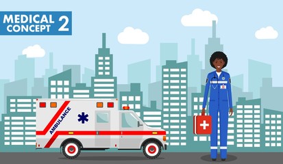 Medical concept. Detailed illustration of emergency doctor african american woman in uniform on background with cityscape in flat style. Vector illustration.