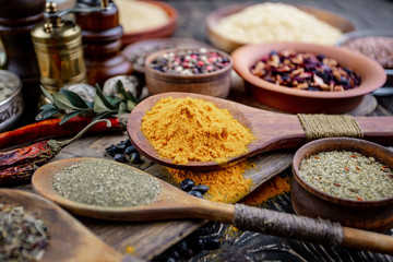 Spices and seasonings for cooking in the composition on the table