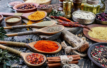 Spices and seasonings for cooking in the composition on the table