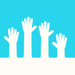 Raised up hands. Business concept. Volunteering. Blue and white colors. Vector illustration