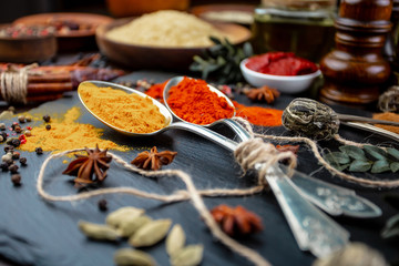 Spices and seasonings for cooking in the composition on the table