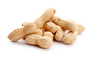 several peanut in shell isolated on white background. Top view. close-up.