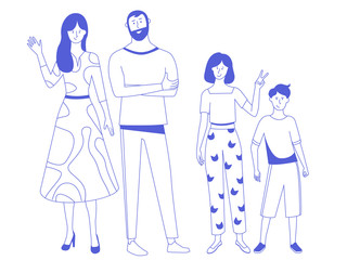Trend illustration in the line art style. Family members are standing nearby. Father, mother, son and daughter. Brother and sister fool around. Vector characters. Illustration on white background.