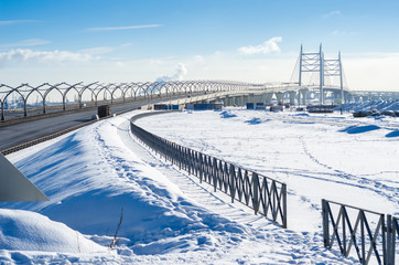 Development of road transport infrastructure. Cable suspension bridge. Urban high-speed highway...