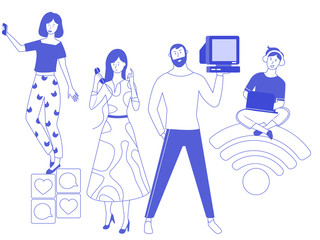 Family and gadgets. Simple line art style. Mom and daughter with phones, dad and son with computers. Modernity vs outdated technology. Children help parents choose the technique. Vector illustration.