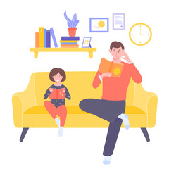 Dad and daughter are sitting on the couch. Read books together. Family evening, bedtime stories. The interior of the room. Bright vector illustration.