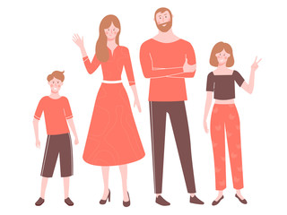 Obraz premium Family characters. Mom, dad, little son and teenager daughter. Stand in line, waving and smiling. Bright vector illustration isolated on white background.