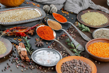 Spices and seasonings for cooking in the composition on the table