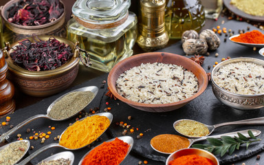 Spices and seasonings for cooking in the composition on the table